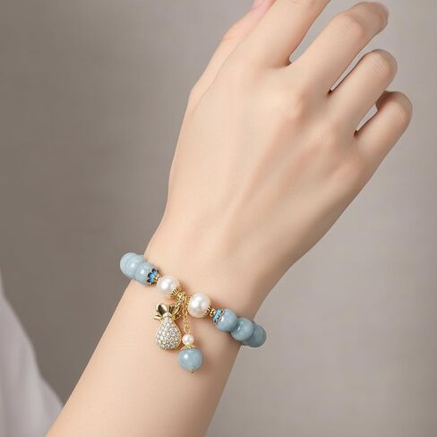 RITIM Natural Aquamarine Bracelet for Women, Lucky Charm Healing Crystal Stone Bracelet with Pearl, Positive Energy Good Luck Jewelry Gift for Friends, Sister, Daughter, Her in Saudi Arabia