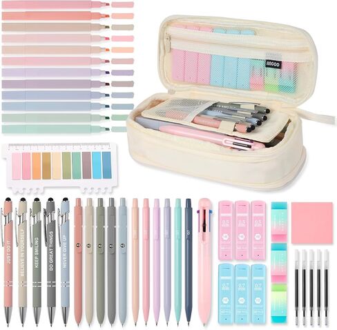 56 PCS Aesthetic School Supplies with Large Pencil Case, 5 Inspirational Ballpoint Pens, 12 Pastel Highlighters, 5 Black Ink Gel Pens, 6 Mechanical Pencils 0.5-0.7mm Student Essentials (Pink) in Saudi Arabia