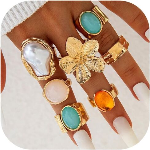 HUASAI Chunky Gold Rings for Women Christmas Gold Flower Chunky Rings Pearl Stackable Statement Butterfly Thumb Retro Ring Set Trendy Christmas Jewelry Gifts in Saudi Arabia