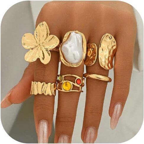 HUASAI Chunky Gold Rings for Women Christmas Gold Flower Chunky Rings Pearl Stackable Statement Butterfly Thumb Retro Ring Set Trendy Christmas Jewelry Gifts in Saudi Arabia