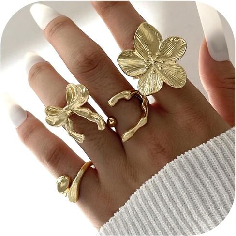HUASAI Chunky Gold Rings for Women Christmas Gold Flower Chunky Rings Pearl Stackable Statement Butterfly Thumb Retro Ring Set Trendy Christmas Jewelry Gifts in Saudi Arabia