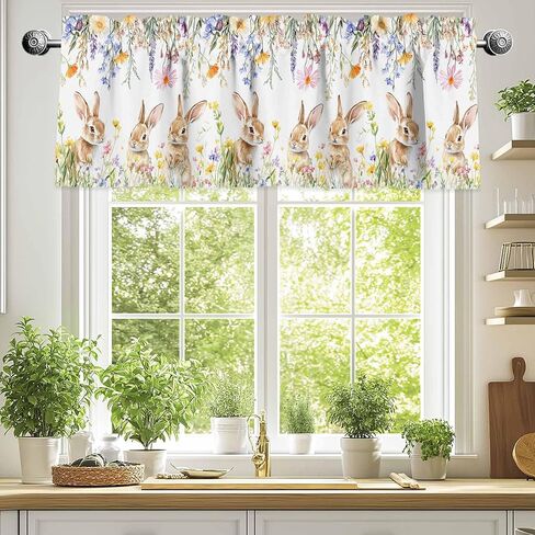 Valance Curtain for Window Easter Bunny Tail Colorful Eggs Leaf Rabbit Rod Pocket Valance Window Valance for Kitchen Bathroom Living Room Holiday Home Decoration 54x18inch in Saudi Arabia