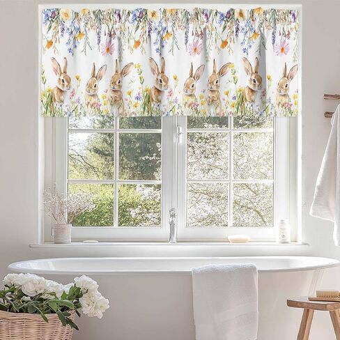 Valance Curtain for Window Easter Bunny Tail Colorful Eggs Leaf Rabbit Rod Pocket Valance Window Valance for Kitchen Bathroom Living Room Holiday Home Decoration 54x18inch in Saudi Arabia