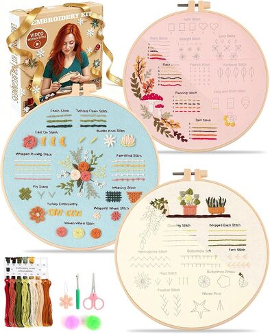 Hi-yomilaugh 3 حزمة المبتدئين مجموعات التطريز للبالغين DIY Craft Starter مجموعة مع أنماط مختومة تطريز إبر ملونة الملونة من السهل اتباع التعليمات والفيديو التعليمي in Saudi Arabia