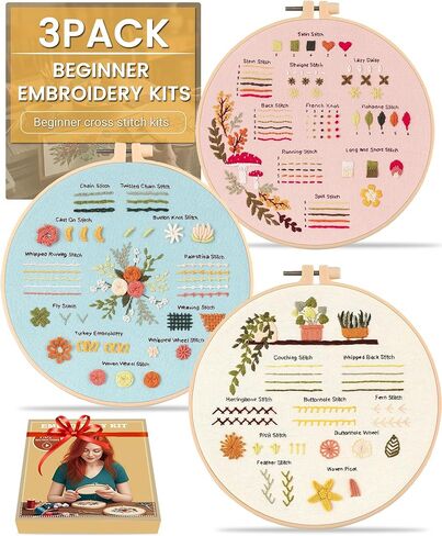 Hi-yomilaugh 3 حزمة المبتدئين مجموعات التطريز للبالغين DIY Craft Starter مجموعة مع أنماط مختومة تطريز إبر ملونة الملونة من السهل اتباع التعليمات والفيديو التعليمي in Saudi Arabia