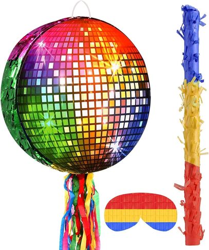 Aoriher Disco Party Piñata 80s 90s Roller Skating Piñata Mirror Disco Ball Piñata Hip Hop Skate Party Piñata Stick Mask Confetti for 80s 90s Disco Birthday Wedding Party Supplies Decor(Rainbow Ball) in Saudi Arabia