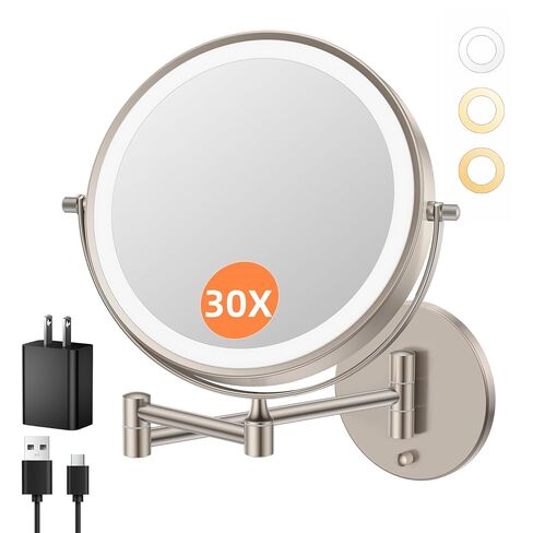 مرآة مكياج مضيئة مثبتة على الحائط مقاس 10 بوصات 30X/1X من FUNTOUCH، مرآة مزدوجة الجوانب قابلة لإعادة الشحن بقدرة 5000 مللي أمبير في الساعة، 3 أضواء ملونة، قابلة للتعتيم باللمس، ذراع ممتد يدور 360 درجة مع محول، فرشاة نيكل in Kuwait