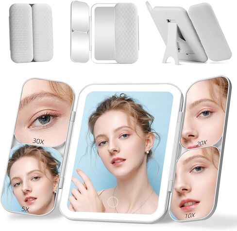 مرآة مكياج ثلاثية الطي مع ضوء، مرآة مكبرة للمكياج 1X/5X/10X/20X/30X مع أضواء، مرآة مكياج للسفر قابلة لإعادة الشحن مع حامل قابل للطي، قابلة للتعتيم بثلاثة ألوان، تحكم باللمس in Kuwait