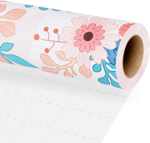 BIOBROWN Kraft Floral Wrapping Paper Roll - 17 Inches X 33 Feet (47 sq. ft. ttl.) Colorful Abstract Daisy Design Flower Gift Wrap for Wedding, Bridal Shower, Birthday, Engagement in Kuwait