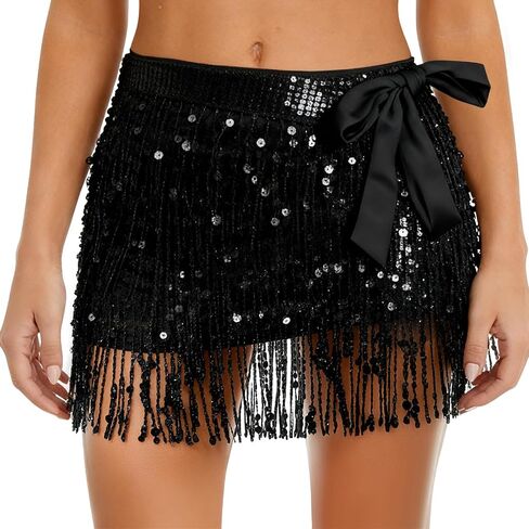 Women’s Sequin Fringe Mini Skirt, Sparkly Tassel Hip Scarf Wrap for Rave Outfits in Saudi Arabia