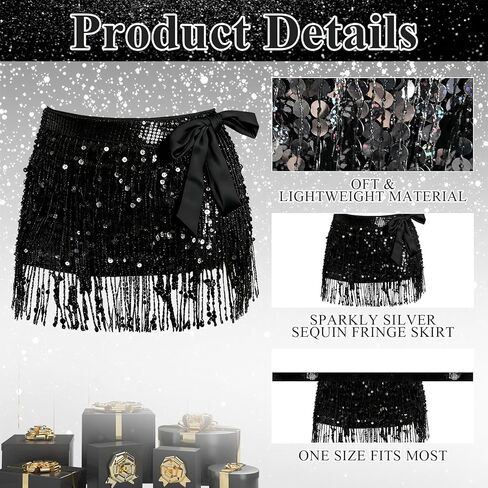 Women’s Sequin Fringe Mini Skirt, Sparkly Tassel Hip Scarf Wrap for Rave Outfits in Saudi Arabia