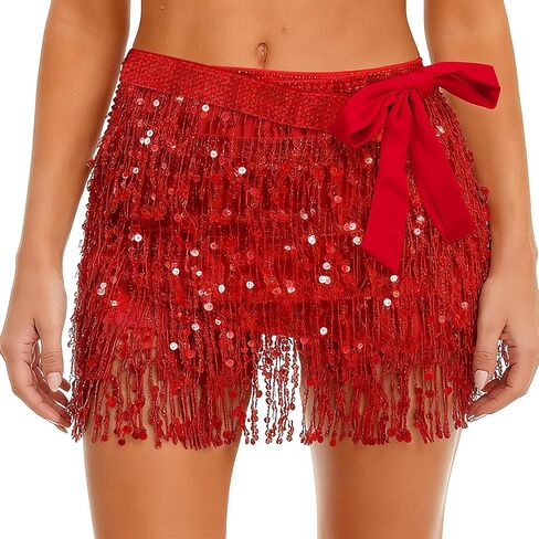 Women’s Sequin Fringe Mini Skirt, Sparkly Tassel Hip Scarf Wrap for Rave Outfits in Saudi Arabia