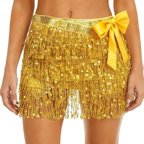 Women’s Sequin Fringe Mini Skirt, Sparkly Tassel Hip Scarf Wrap for Rave Outfits in Saudi Arabia