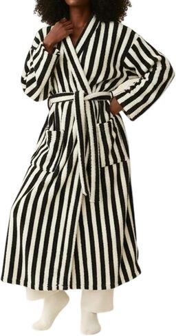 Verdancy Women's Plush Fleece Robe Piped Striped with Large Pocket Belted Kimono Loungewear for Fall Winter in Saudi Arabia