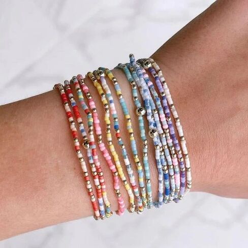 Dainty Gold Plated Tiny Ball Colorful Rice Beaded Stack Bracelets Sets for Women,4Pcs Stackable Small Beads Cute Bracelet Stretch Trendy Ball Jewelry Friendship Gift in Saudi Arabia