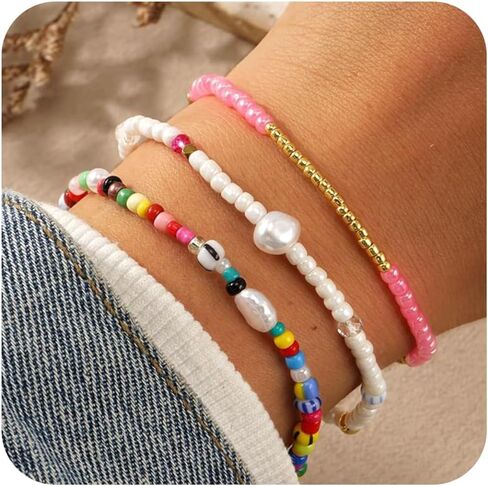 Dainty Gold Plated Tiny Ball Colorful Rice Beaded Stack Bracelets Sets for Women,4Pcs Stackable Small Beads Cute Bracelet Stretch Trendy Ball Jewelry Friendship Gift in Saudi Arabia