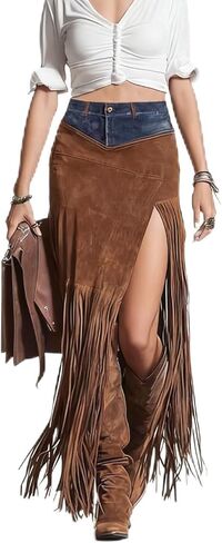 Womens Faux Suede Fringe Trim Midi Skirt Irregular Suede Skirt Casual High Waist Bodycon Skirt in Kuwait