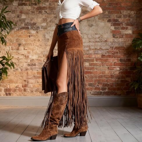 Womens Faux Suede Fringe Trim Midi Skirt Irregular Suede Skirt Casual High Waist Bodycon Skirt in Kuwait
