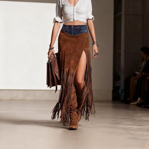 Womens Faux Suede Fringe Trim Midi Skirt Irregular Suede Skirt Casual High Waist Bodycon Skirt in Kuwait