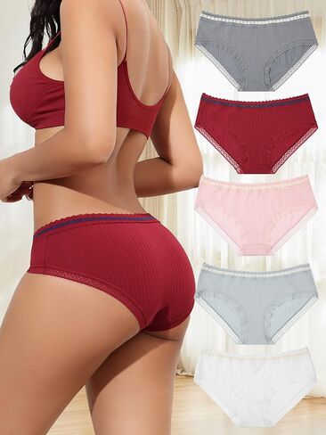 Women's Cotton Panties Low Waist Stretchy Hipster Panties Sexy Lace Bikini Underwear 5 Pcs S-XL in Saudi Arabia