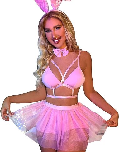 SNOMYRS Women's Sexy Bunny Rave Outfits Mesh Cosplay Lingerie Metallic Crop Top Pink Bodysuit Suit Festival Outfits Plus Size in Saudi Arabia