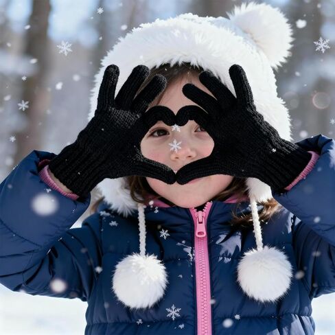 Kids Winter Knit Gloves, Full Finger Fluffy Mittens, for Boys Girls 5-11 Years(Black) in Saudi Arabia