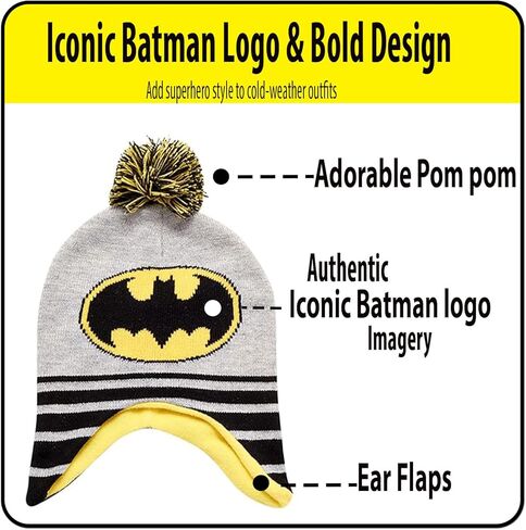 DC Comics Boys Batman Winter Hat 2 زوج قفازات أو مجموعة قفازات (طفل صغير/أولاد صغار) مقاس 4-7 سنوات، قبعة باتمان الشتوية وقفازات مع تدفئة اليدين in Saudi Arabia