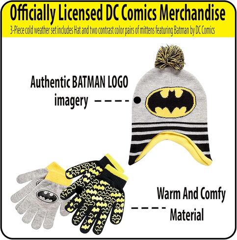 DC Comics Boys Batman Winter Hat 2 زوج قفازات أو مجموعة قفازات (طفل صغير/أولاد صغار) مقاس 4-7 سنوات، قبعة باتمان الشتوية وقفازات مع تدفئة اليدين in Saudi Arabia