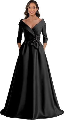 Satin Mother of The Bride Dresses for Women Long Sleeve V Neck Long Formal Evening Party Dress with Pockets in Saudi Arabia