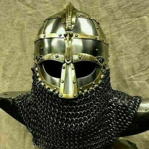 16GA Medieval Viking Helmet Vendel Knight With Chain Mail Viking Helmet Viking, Large, Golden in Saudi Arabia