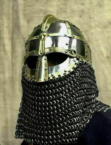 16GA Medieval Viking Helmet Vendel Knight With Chain Mail Viking Helmet Viking, Large, Golden in Saudi Arabia