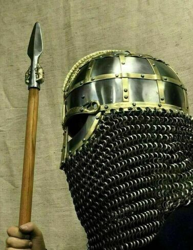 16GA Medieval Viking Helmet Vendel Knight With Chain Mail Viking Helmet Viking, Large, Golden in Saudi Arabia
