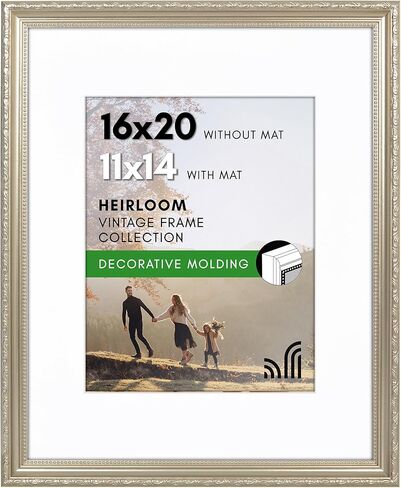 Americanflat 16x20 Picture Frame with Polished Plexiglass - Use as 11x14 Frame with Mat or Display 16x20 Photo Without Mat - Ornate Picture Frames for Wall Display - Silver in Saudi Arabia