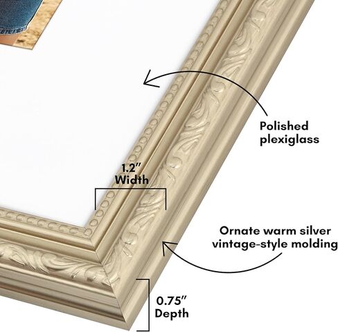 Americanflat 16x20 Picture Frame with Polished Plexiglass - Use as 11x14 Frame with Mat or Display 16x20 Photo Without Mat - Ornate Picture Frames for Wall Display - Silver in Saudi Arabia