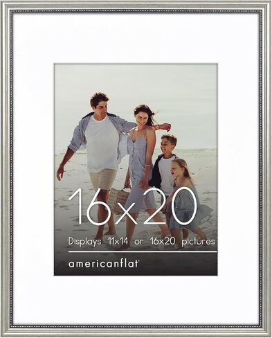 Americanflat 16x20 Picture Frame with Polished Plexiglass - Use as 11x14 Frame with Mat or Display 16x20 Photo Without Mat - Ornate Picture Frames for Wall Display - Silver in Saudi Arabia