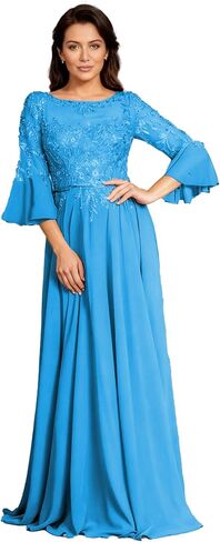 Elegant Mother of The Bride Dress Bell Sleeve Bateau Neck Sheer Mesh Embroidery Chiffon Wedding Guest Gown in Saudi Arabia