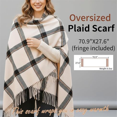 Winter Scarf for Women - Plaid Shawl Wraps for Women Oversized Scarves Cashmere Feel Tassel, 27.6x70.9 in, Warm & Stylish in Saudi Arabia