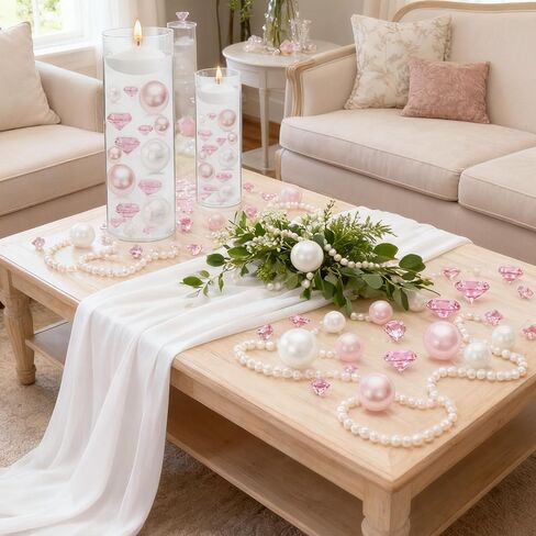 Cqueni 366Pcs Vase Filler Beads Diamonds Pearl No Hole Faux Pearl Beads for Vase Filling Decorations, Candle Centerpieces, Wedding Birthday Party Home Table Decorations (Pink White) in Saudi Arabia
