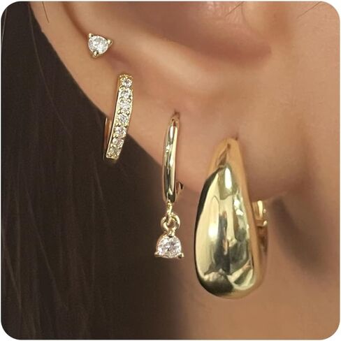Bsoepnr 4 Pairs Gold Hoop Earrings Set, 14K Gold Plated Trendy Small Gold Huggie Earrings Stack Hypoallergenic, Dainty Cubic Zirconia Cartilage Hoops for Women in Kuwait