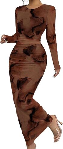 Narecte Fall Dresses for Women Bodycon Long Sleeve Casual Dresses Elegant Maxi Dress Tie Dye Mesh Formal Dress in Kuwait