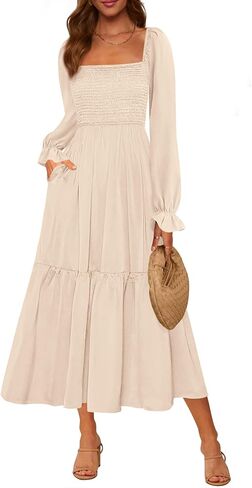 MASCOMODA Womens 2025 Fall Long Sleeve Casual Midi Dress Smocked Square Neck High Waist Flowy A Line Wedding Guest Dresses in Saudi Arabia