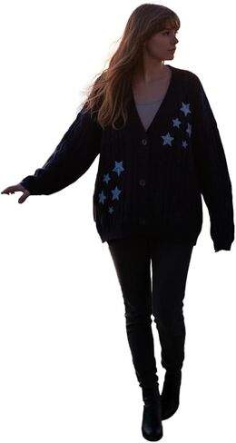 Women Cardigan Cozy Knit Sweater Embroidery Cardigan Navy Blue in Saudi Arabia