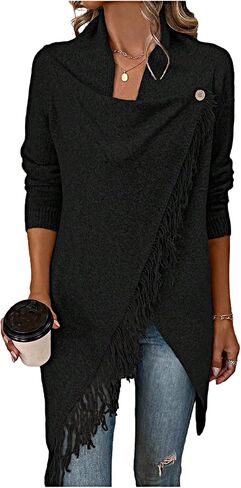 MakeMeChic Women's Fringe Trim Wrap Cardigan Boho Poncho Sweater Draped Knitted Long Sleeve Outerwear in Saudi Arabia