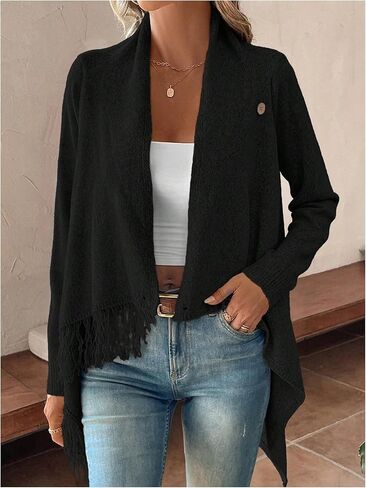 MakeMeChic Women's Fringe Trim Wrap Cardigan Boho Poncho Sweater Draped Knitted Long Sleeve Outerwear in Saudi Arabia