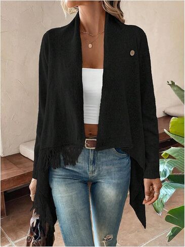 MakeMeChic Women's Fringe Trim Wrap Cardigan Boho Poncho Sweater Draped Knitted Long Sleeve Outerwear in Saudi Arabia
