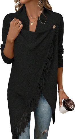 MakeMeChic Women's Fringe Trim Wrap Cardigan Boho Poncho Sweater Draped Knitted Long Sleeve Outerwear in Saudi Arabia