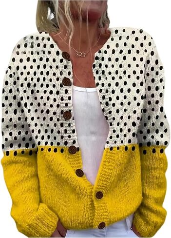 GORGLITTER Women's Polka Dots Sweater Color Block Long Sleeve Button Down Trendy Cardigan in Saudi Arabia