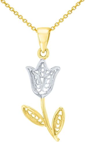 Jewelry America 14K Yellow Gold Filigree Tulip Flower Pendant With Cable, Curb or Figaro Chain Necklace in Saudi Arabia
