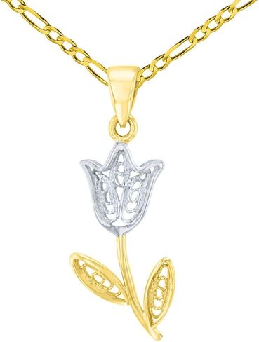 Jewelry America 14K Yellow Gold Filigree Tulip Flower Pendant With Cable, Curb or Figaro Chain Necklace in Saudi Arabia