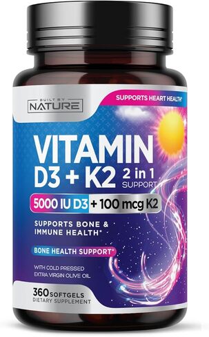 Built by Nature Vitamin D3 K2 with Cold Pressed Extra Virgin Olive Oil – 5000 IU Vitamin D, 100mcg Vitamin K MK-7 Supplement – Easy to Swallow Mini Soft Gels - 1 Year Supply - 360 Softgels in Kuwait